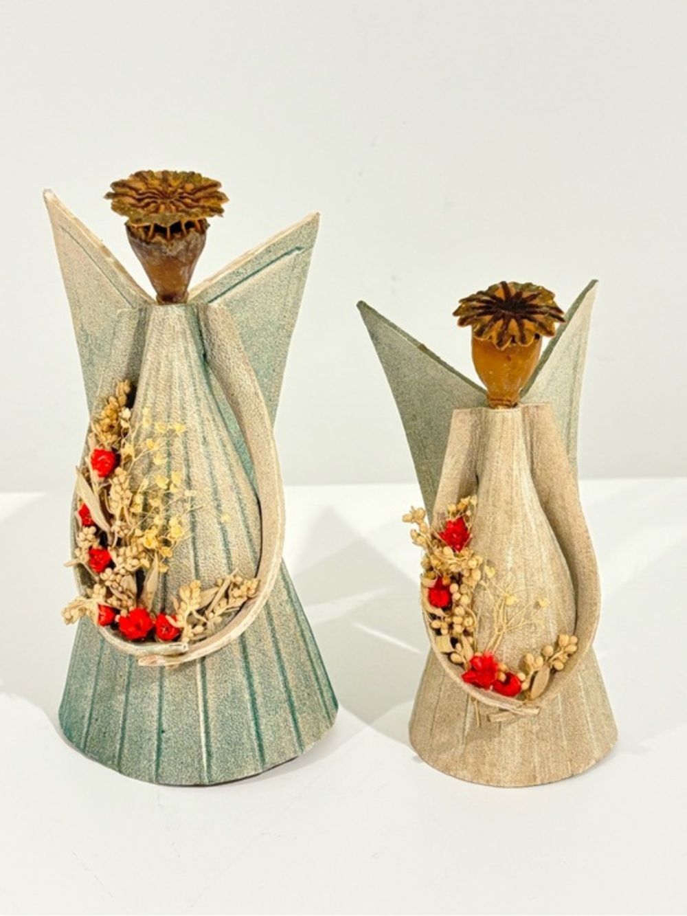 Folk Art primitive Angel Figurines SET OF TWO Dried Flower Accents & poppy pod